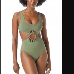 VINCE CAMUTO Size 10 One Piece Swimsuit Logo Ring Cut Out Safari Green $130 -NWT